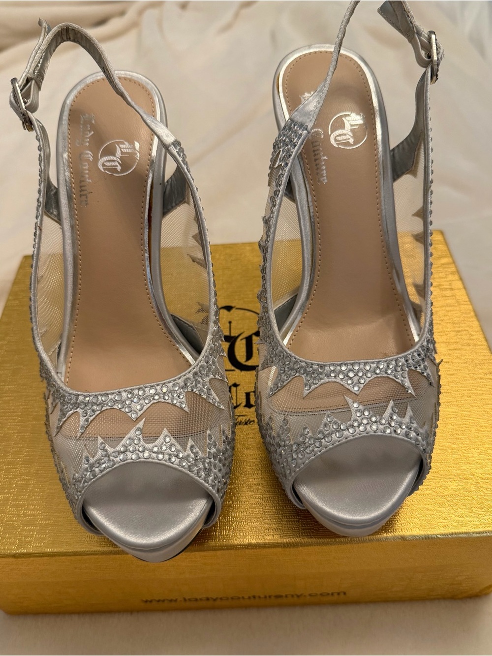 Crystal-Embellished Silver Mesh Peep-Toe Slingback Heels